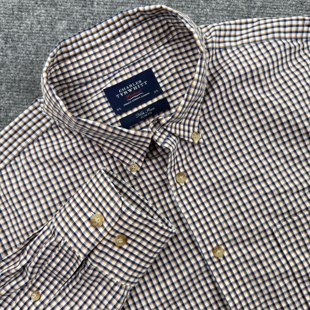 Charles Tyrwhitt Button Down Shirt XL Blue Tan Check Slim Fit Mens